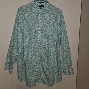 Lands' End Women's Teal and White Sailboat Button Down Shirt Size 20 W
